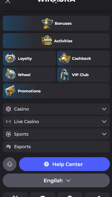 Mobiles Menü der Winaura-Casino-App mit Boni, Aktivitäten und Spielkategorien