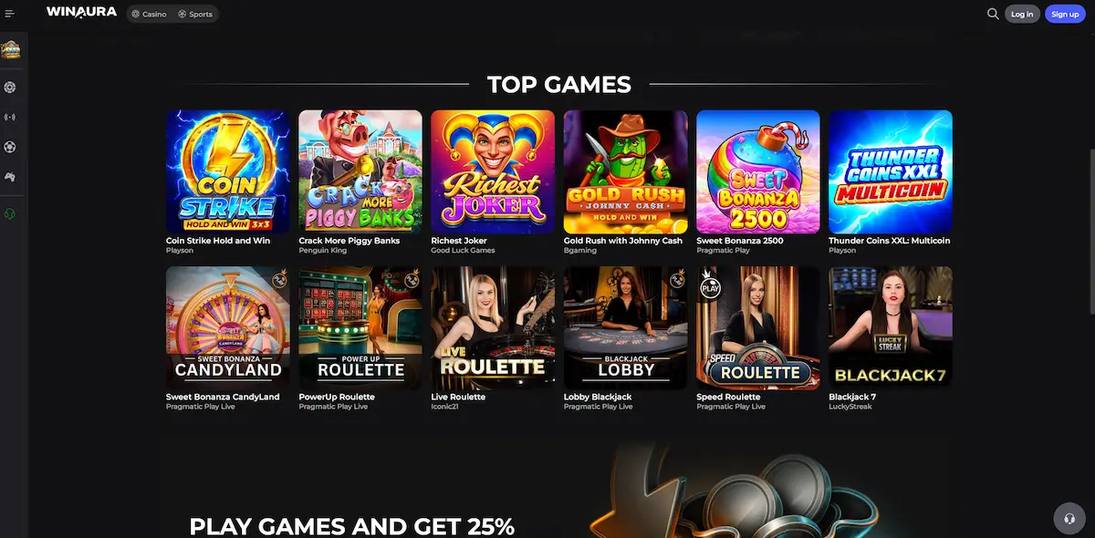 Spiellobby von Winaura Casino mit beliebten Slots und Live-Tischen