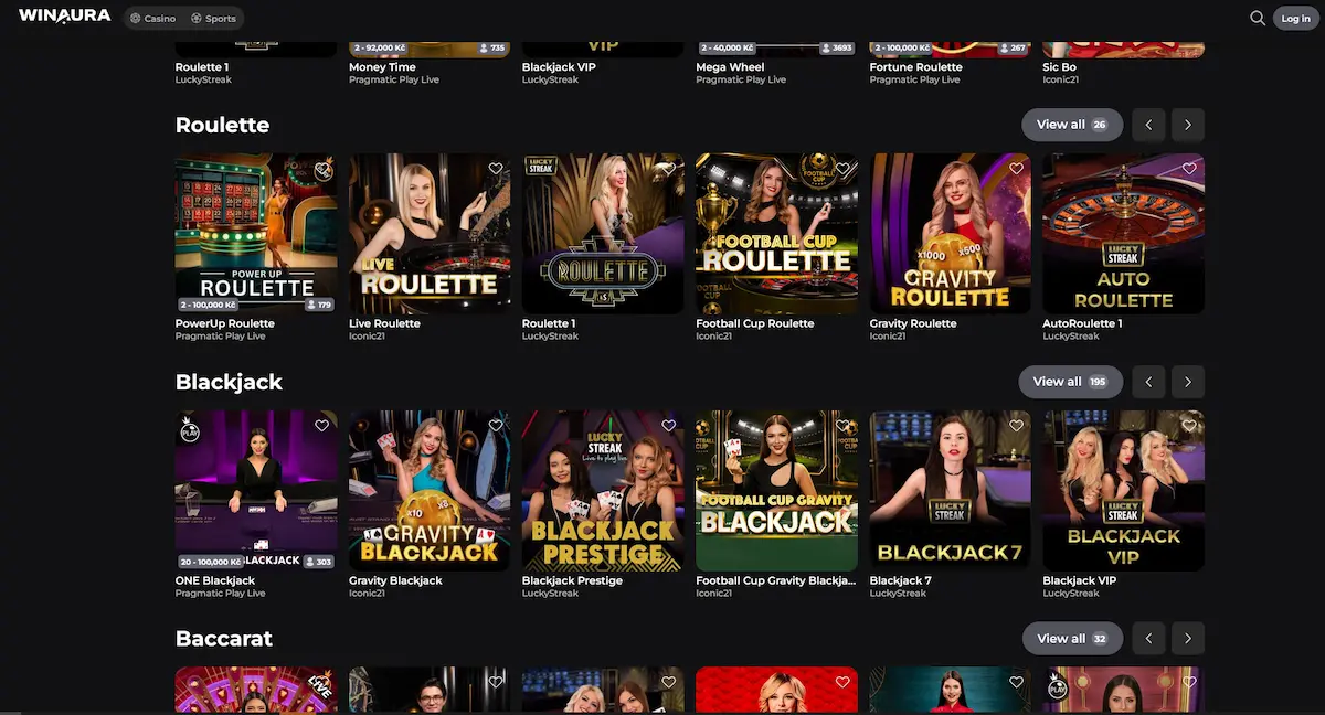 Live-Casino-Kategorie von Winaura Casino mit Roulette- und Blackjack-Tischen