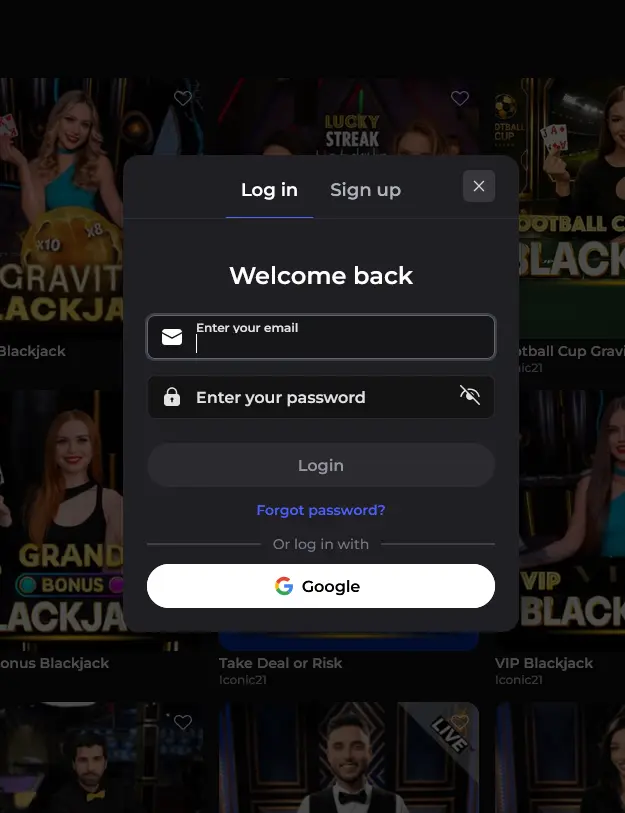 Login-Fenster von Winaura Casino mit E-Mail- und Passwort-Eingabe