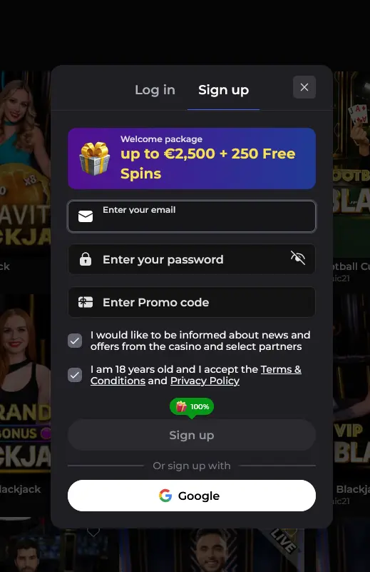 Registrierungsformular von Winaura Casino mit Anzeige des Willkommensbonus