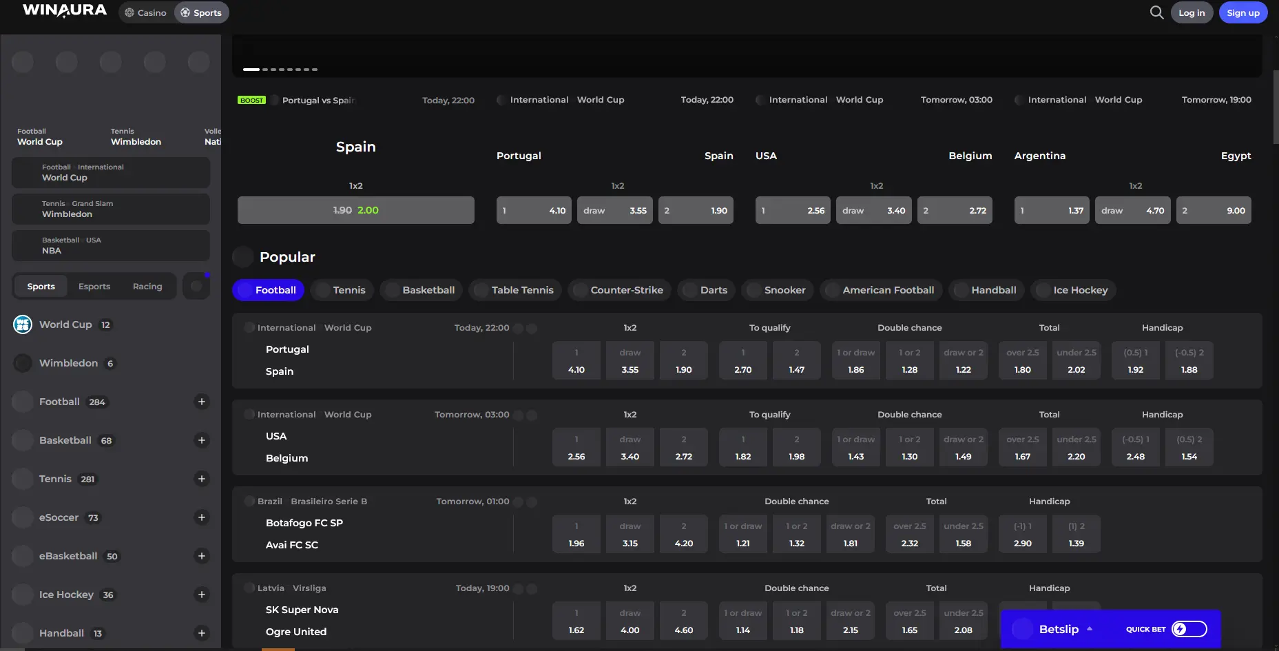 Sportwetten-Übersicht bei Winaura Casino mit Live-Quoten zu Fußball